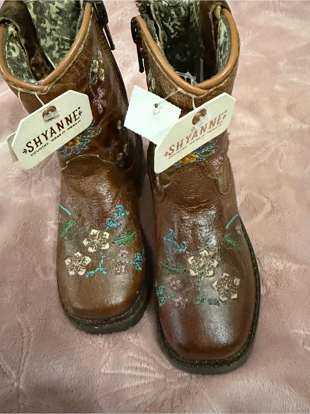 Shyanne Brown Leather Kids Floral Western Boots with Turquoise Accents